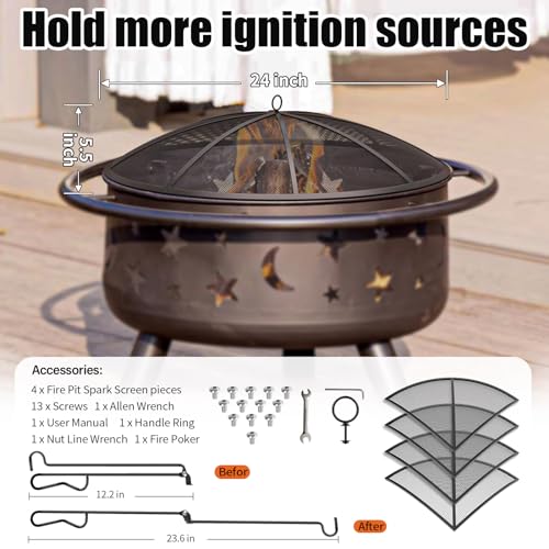 Fire Pit Spark Screen, 27 Inch Collapsible Outdoor Cover with Handle & Poker V1508