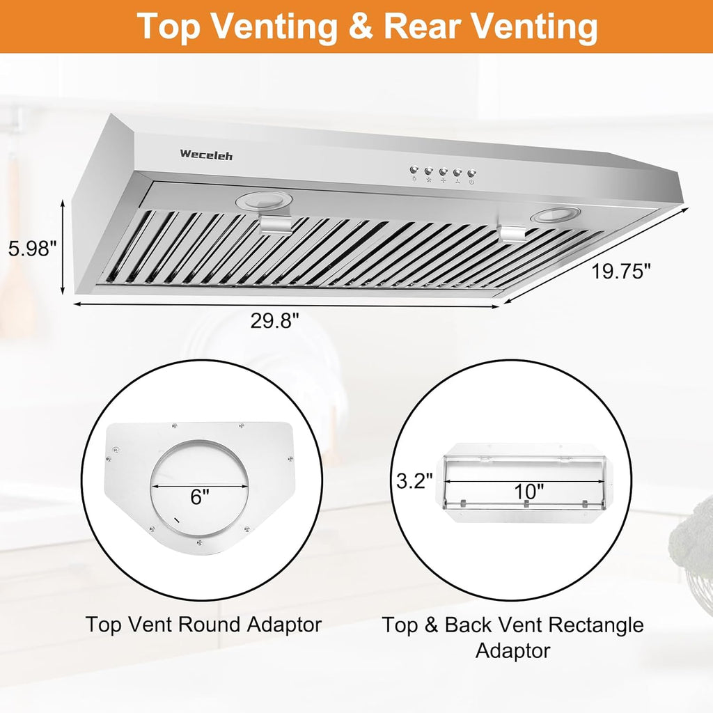 Under Cabinet Range Hood 30 Inch Stainless Steel, Ductless or Ducted, 600 CFM with LED Lights H814