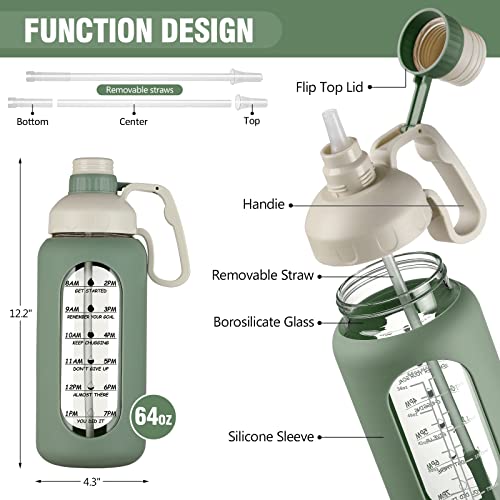 64oz Glass Water Bottle with Straw and Time Marker H278