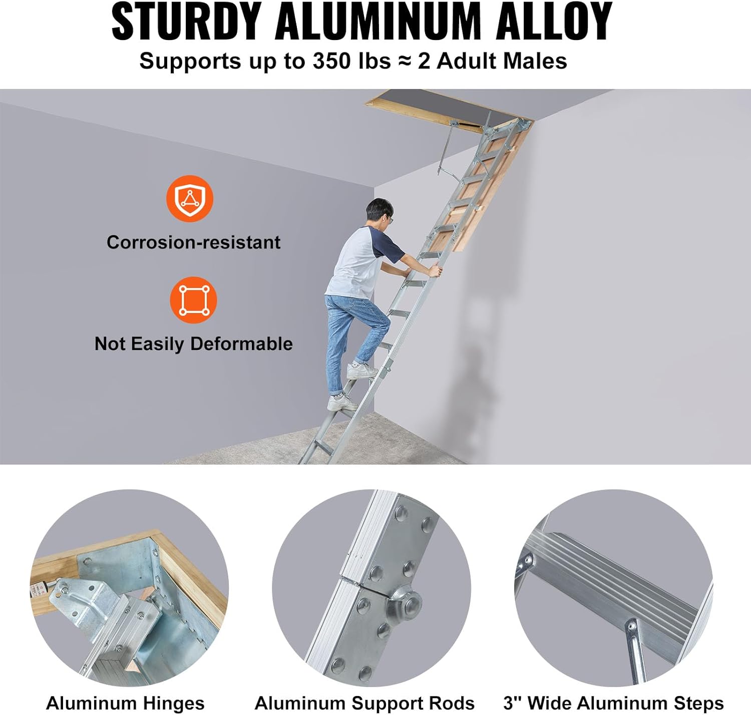 Attic Ladder Foldable, 350-pound Capacity, Aluminum, Fits 9.5'-12' Ceiling Heights I77732