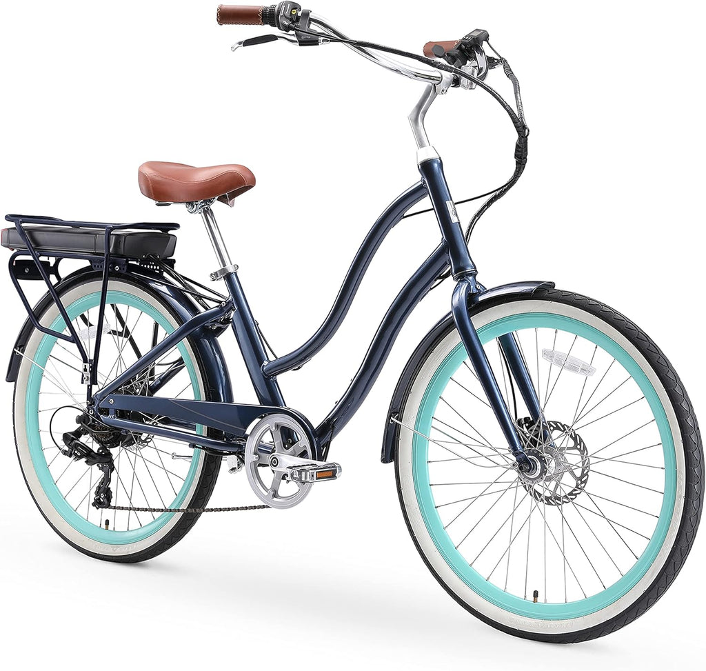 sixthreezero EVRYjourney Women's Electric Bike, 7-Speed Step Through Beach Cruiser eBike Bicycle, 250 Watt Motor, 26 Inch Wheels, Navy