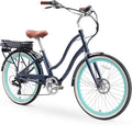 sixthreezero EVRYjourney Women's Electric Bike, 7-Speed Step Through Beach Cruiser eBike Bicycle, 250 Watt Motor, 26 Inch Wheels, Navy
