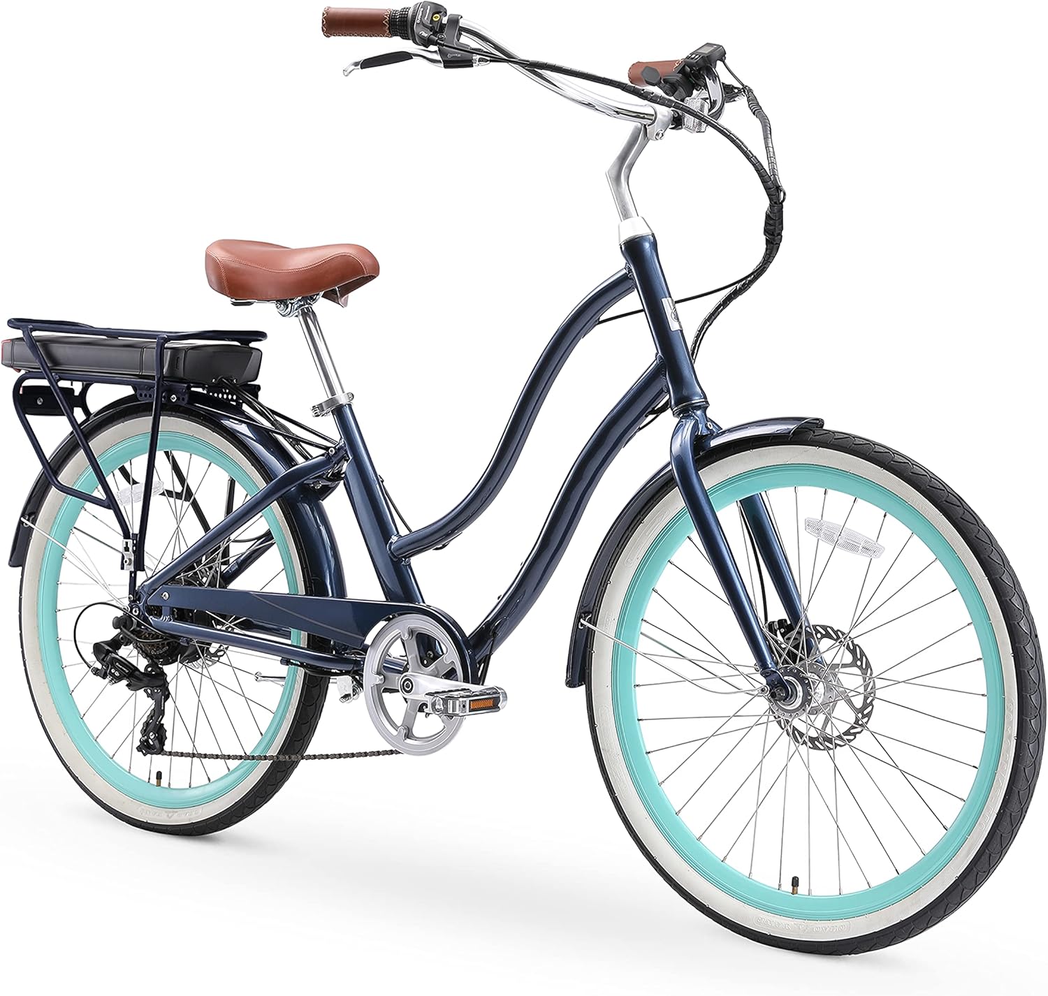 sixthreezero EVRYjourney Women's Electric Bike, 7-Speed Step Through Beach Cruiser eBike Bicycle, 250 Watt Motor, 26 Inch Wheels, Navy