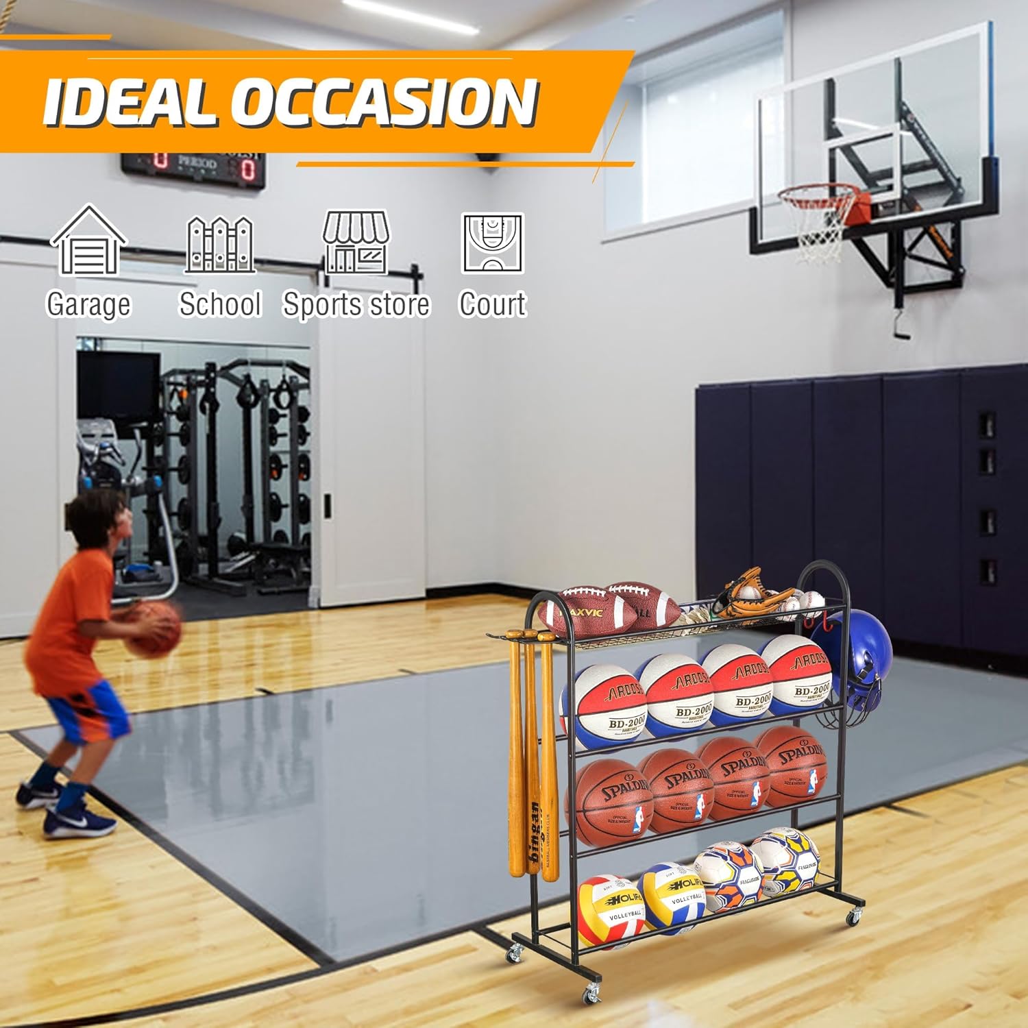 Basketball Rack, Rolling Ball Storage with Bat Holder and Hooks, Sports Equipment Storage with Wheels Z90342