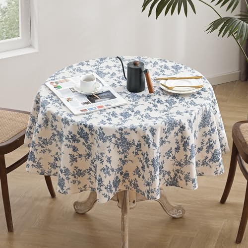 Rustic Floral Round Tablecloth 55 Inch, Machine Washable Cotton Linen W347352