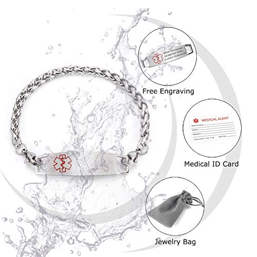 Medical ID Bracelet for Women Stainless Steel Wheat Chain with Health Info Tag N209