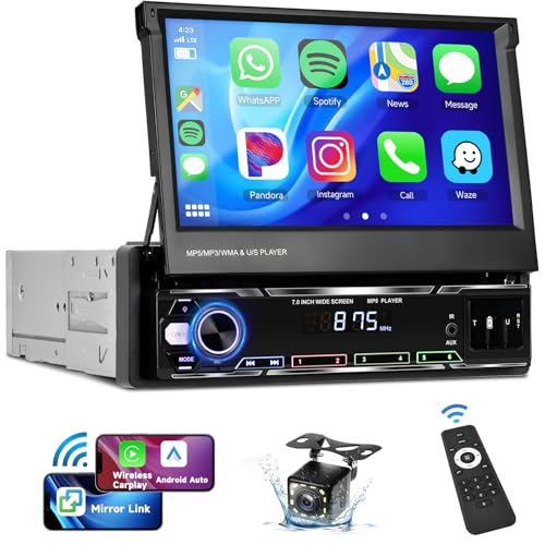 [Upgrade Wireless] Podofo Single Din Radio with Wireless Carplay Android Auto, 7" Flip Out Touchscreen Car Stereo with Bluetooth Mirror Link AM/FM USB Car Play Car Audio Receiver+HD Backup Camera