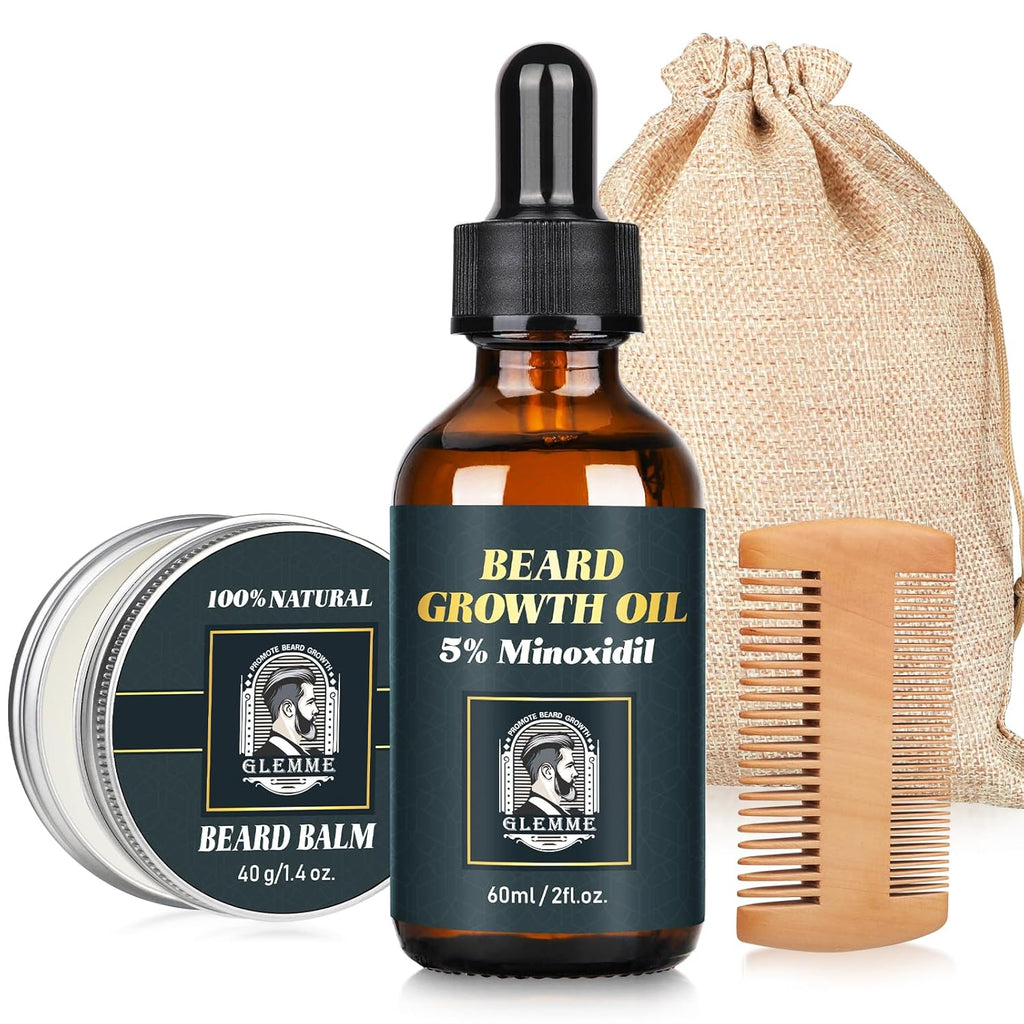 5% Minoxidil Beard Growth Oil Beard Growth Kit for Men, Biotin Beard Growth Oil Beard Balm for Patchy Beard, Gift for Men Dad Home Use