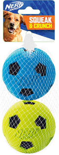 Nerf Dog Soccer Ball Dog Toy with Interactive Crunch, Lightweight, Durable and Water Resistant, 3 Inches, for Small/Medium/Large Breeds, Two Pack, Blue and Green