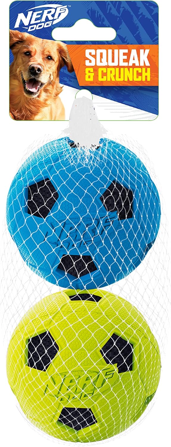 Nerf Dog Soccer Ball Dog Toy with Interactive Crunch, Lightweight, Durable and Water Resistant, 3 Inches, for Small/Medium/Large Breeds, Two Pack, Blue and Green