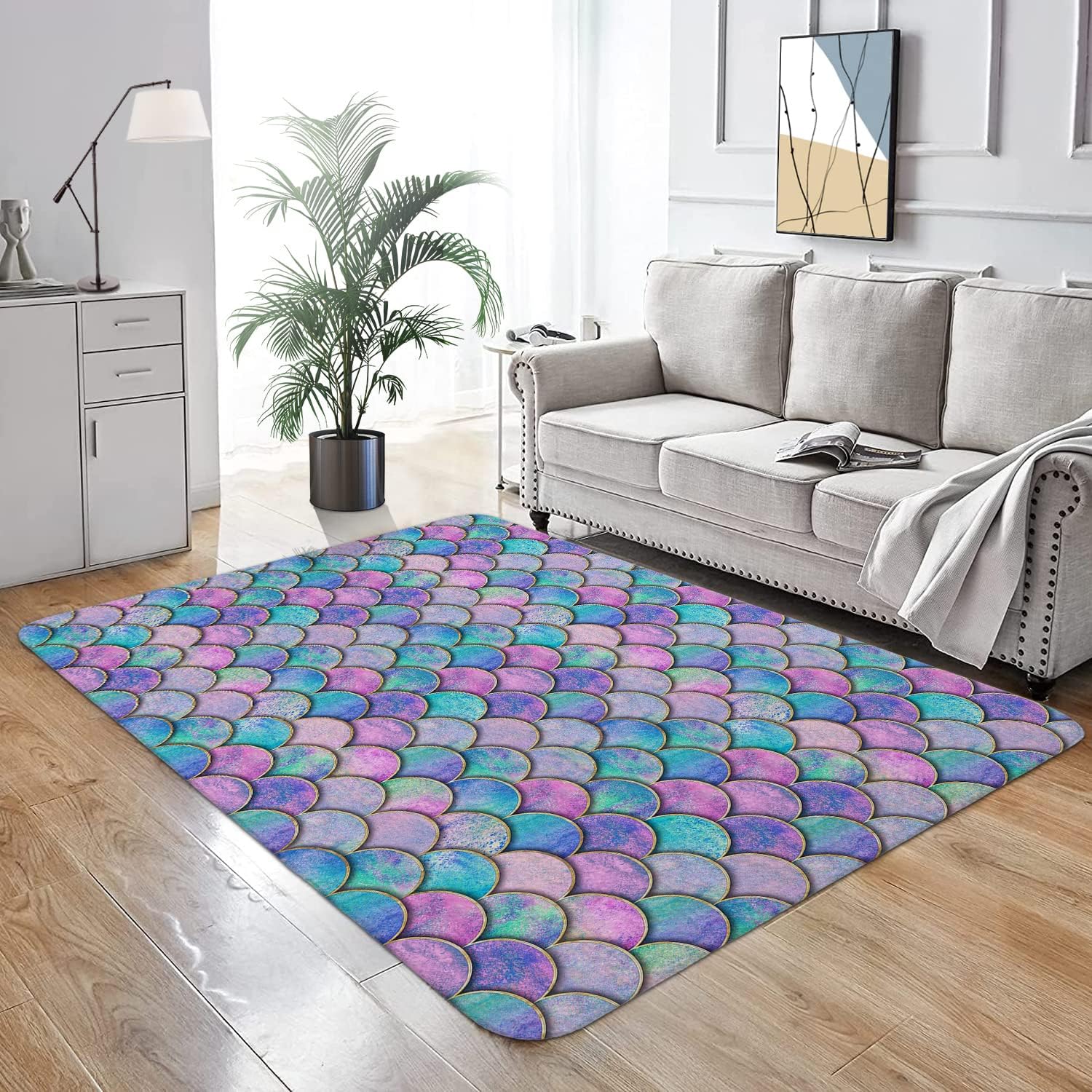 Mermaid Fish Scale Pattern Area Rug Ultra Soft Faux Wool Throw Rugs Non-Slip Area Rugs Floor Carpet Cover for Living Room Bedrooms Decor 4' x 6'