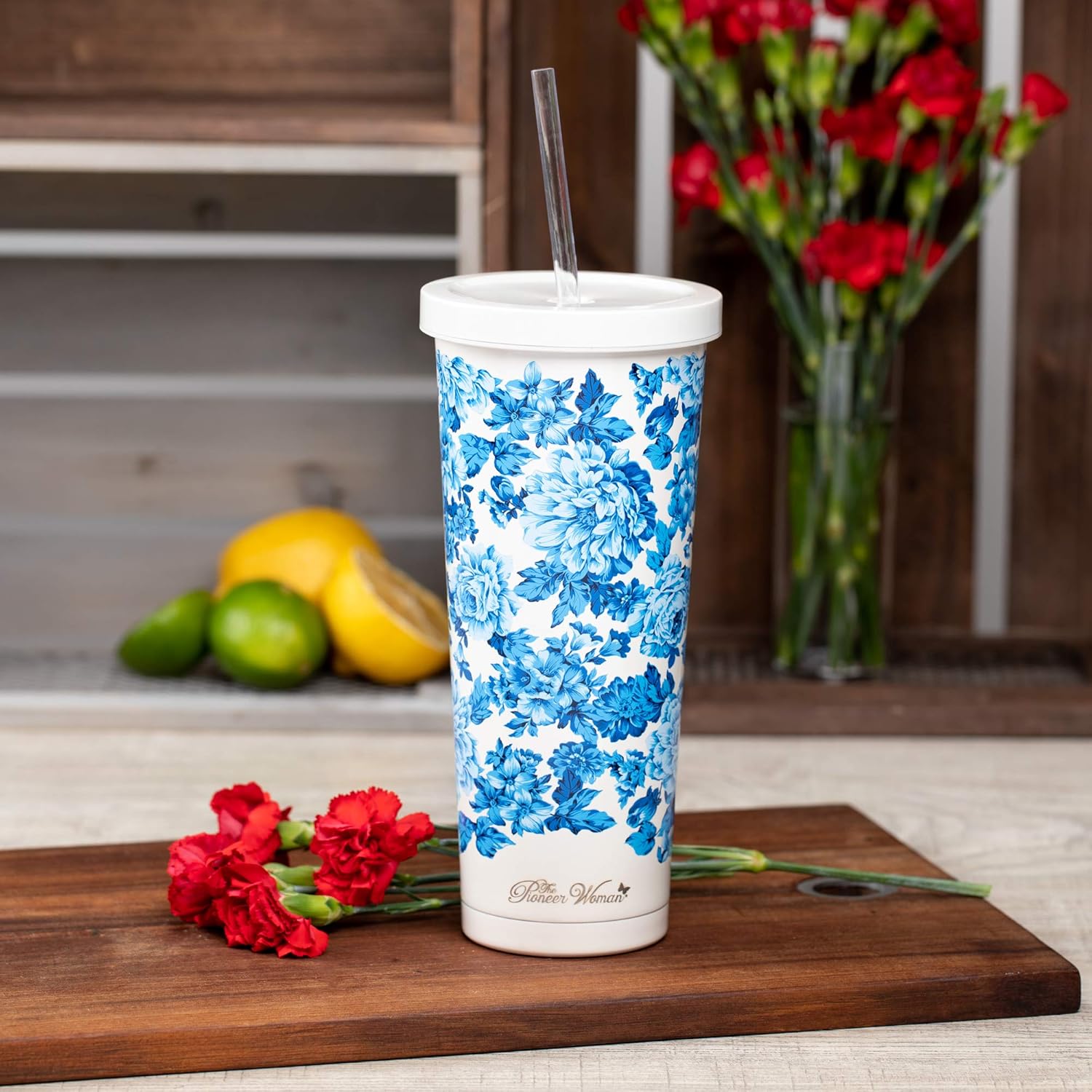 Stainless Steel Tumbler Set 24 Oz, Red and Yellow Floral Design T65435