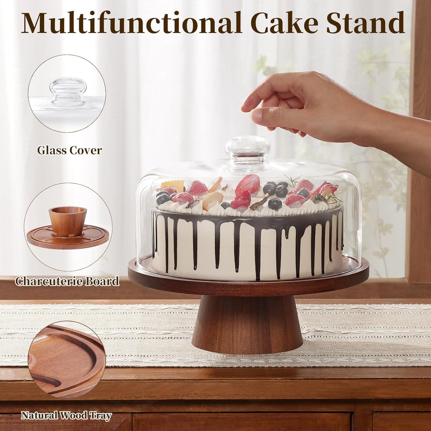 Glass Cake Stand with Dome, 2-in-1 Magnetic Lid, 11IN Y165158