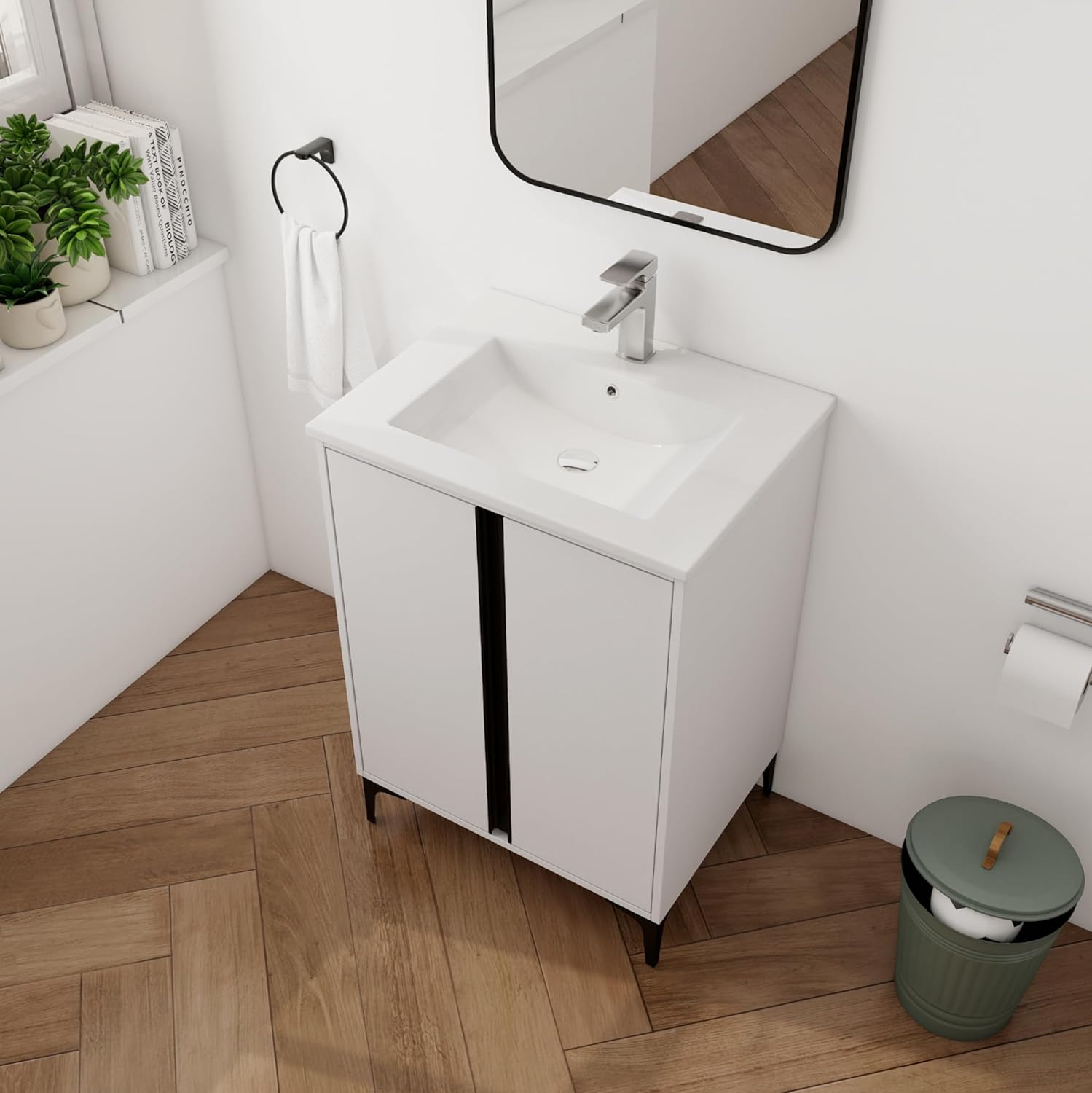24" Bathroom Vanity with Ceramic Sink, 24 Inch Freestanding Bathroom Vanity, Single Sink Bathroom Vanity Combo, Mordern Bathroom Vanity with 2 Doors, White Floor Standing Cabinet Set