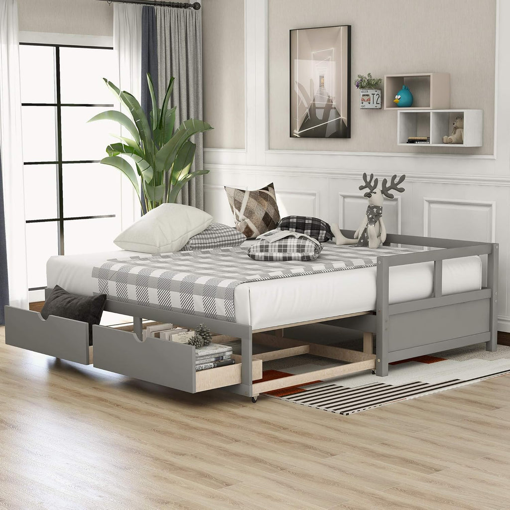 Wooden Daybed with Trundle Bed and Two Storage Drawers, Extending Bed Daybed for Kids Teens Adults, Wooden Daybed with Storage Drawers Twin to King Design, No Box Spring Required, Grey