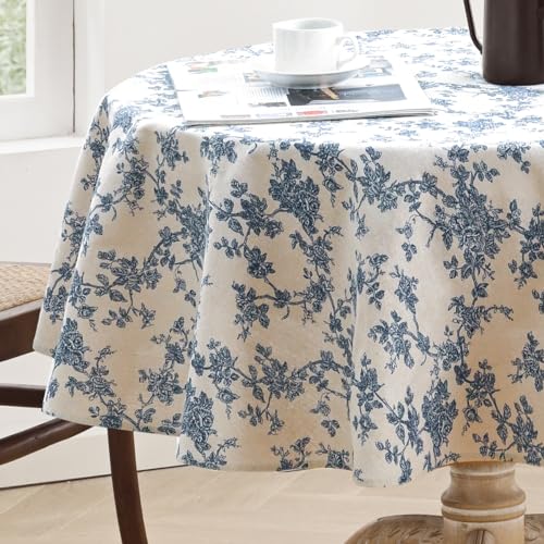 Rustic Floral Round Tablecloth 55 Inch, Machine Washable Cotton Linen W347352