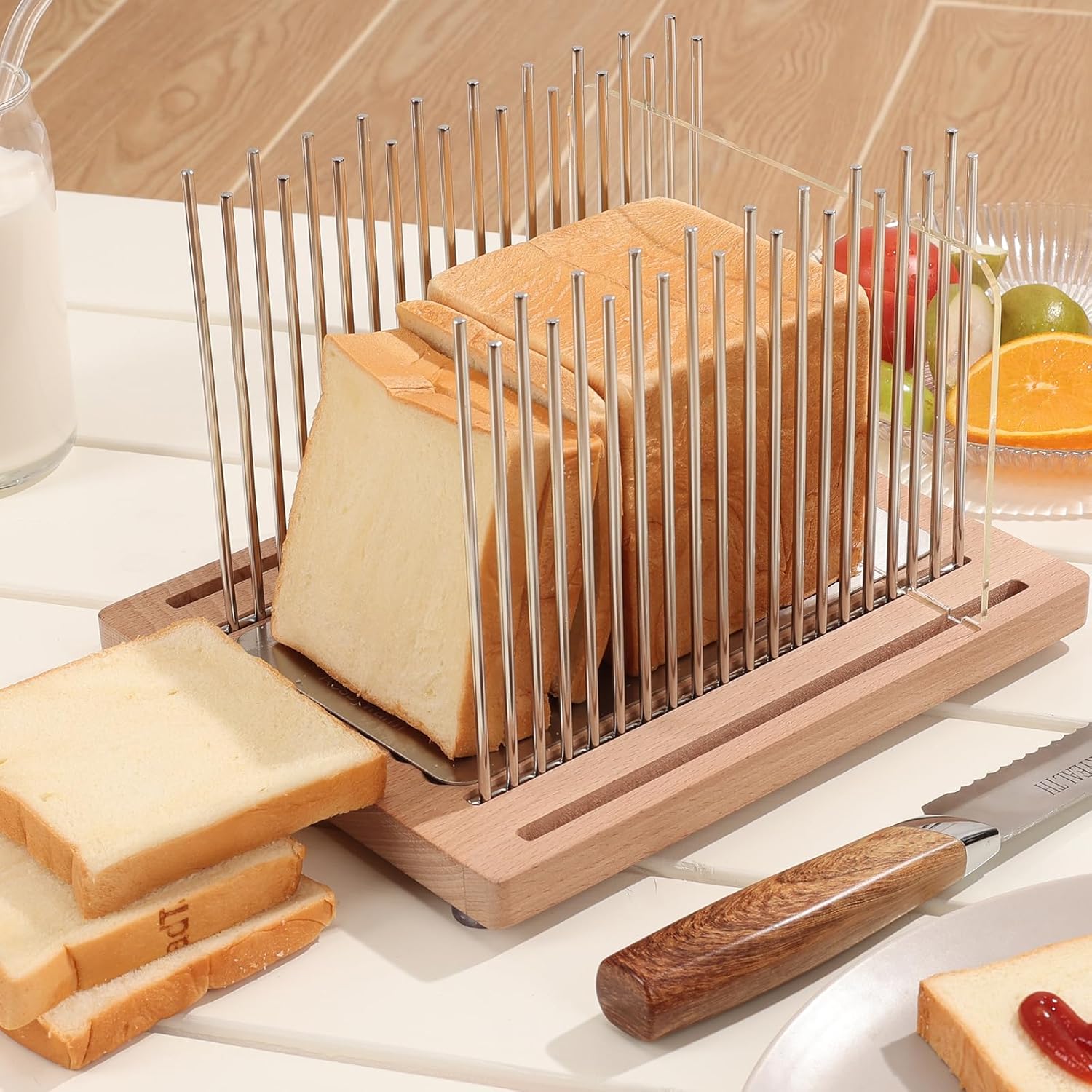 Bread Slicer for Homemade Bread with 3 Size and 2 Thickness, Debris-free Stainless Steel Bread Slicer Guide with Beechwood Bread Cutting Board for loaf,Bagels & Baguette(3/8 & 3/4 Slice sizes)