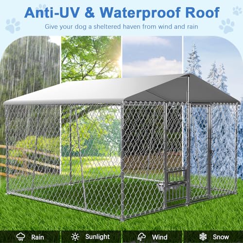 10x10x7FT Outdoor Dog Kennel with Cover and Bowls D9939