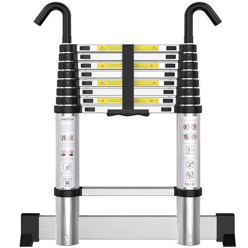 Telescoping Ladder with Hooks 12.5 FT - Aluminum Telescopic Ladder with Stabilizer - Retractable Extension Ladders for Home Loft Roof RV Work with EN131 Certification - 330lbs Max Capacity