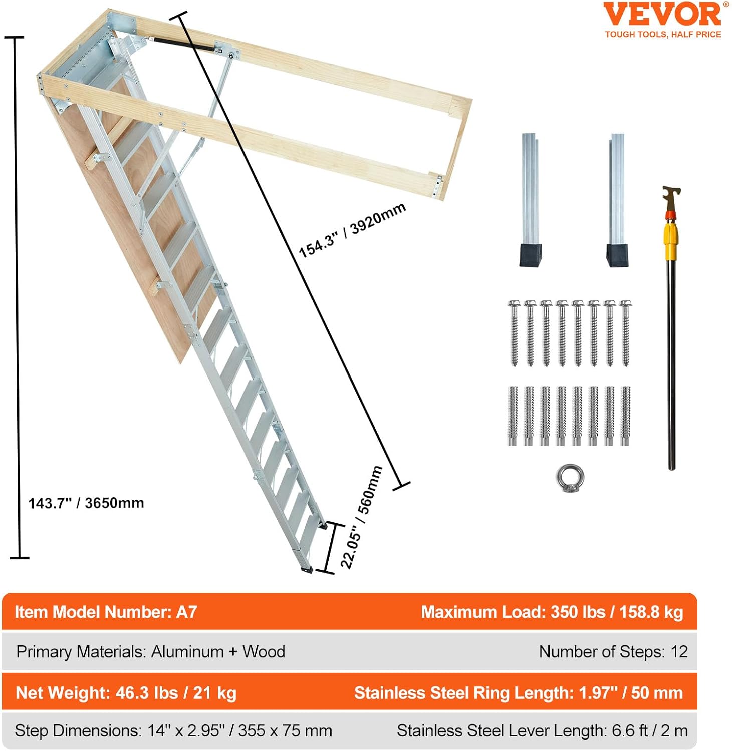 Attic Ladder Foldable, 350-pound Capacity, Aluminum, Fits 9.5'-12' Ceiling Heights I77732