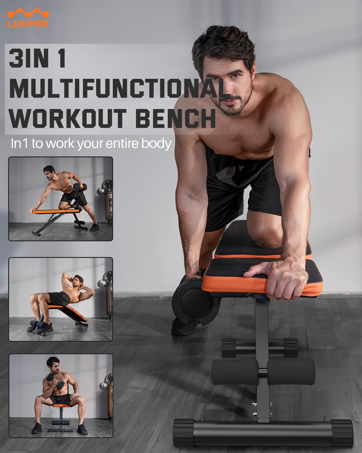 Adjustable Weight Bench with 44LB Dumbbell Set, 3 Modes Barbell Kettlebell J318