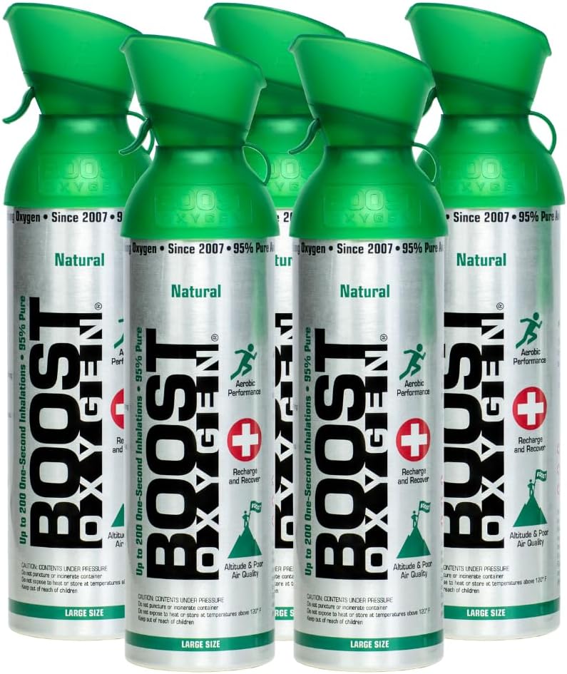 Boost Oxygen Supplemental Oxygen to Go | All-Natural Respiratory Support for Health, Wellness, Performance, Recovery and Altitude, 10 Liter Canister, Natural, 5-Pack
