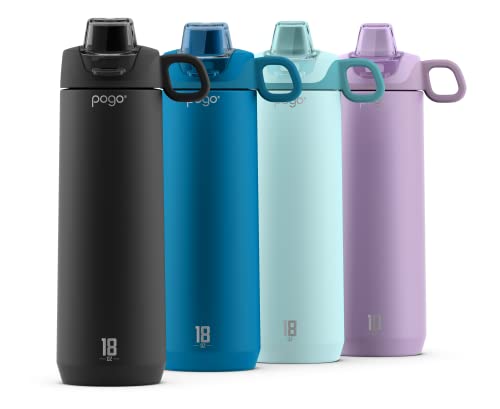 Pogo Active Vacuum Insulated Stainless Steel Water Bottle with Leak Proof Chug Lid and Silicone Carry Loop, Powdercoat, Poseidon, 26 oz