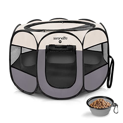 SereneLife On-The-Go Foldable Portable Pet Tent 8-Panel Playpen for Dog & Cat w/Food/Water bowl, Mesh Exercise Puppy Playground, Pet House Indoor & Outdoor, Travel & Camping Pet Kennel (Red- Large)