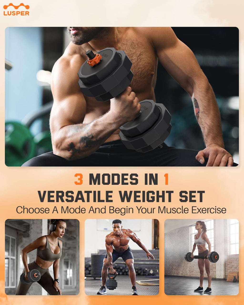 Adjustable Weight Bench with 44LB Dumbbell Set, 3 Modes Barbell Kettlebell J318