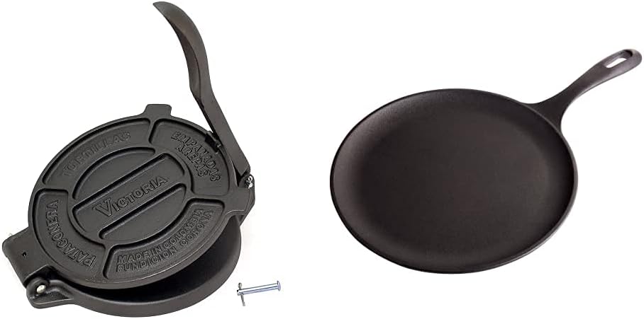 Victoria Cast Iron Tortilla Press, Tortilla and Roti Maker, Made in Colombia, 8 Inches | Victoria Cast Iron Round Pan Comal Pizza Pan, 10.5"
