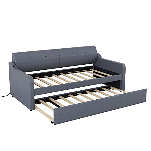 Twin Size Day Bed with Pop Up Trundle and USB Charging I57725