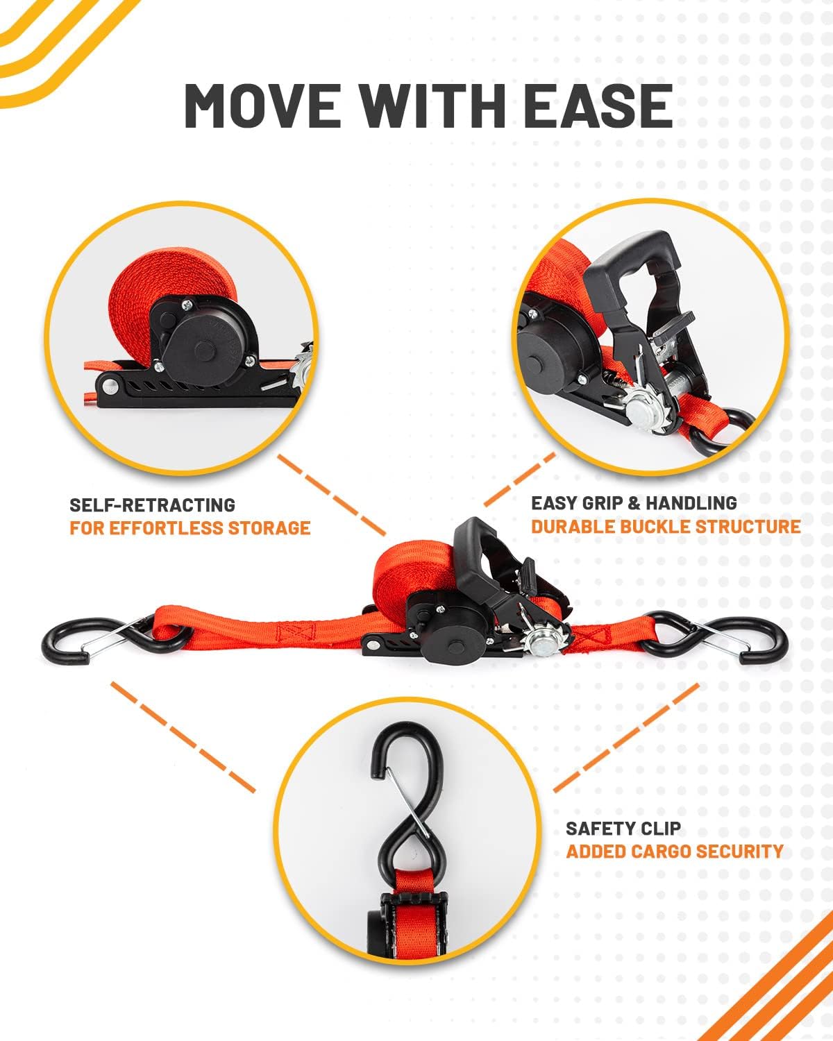 Retractable Ratchet Straps 1 in x 15 ft Heavy Duty Tie Downs with S Hooks I61423