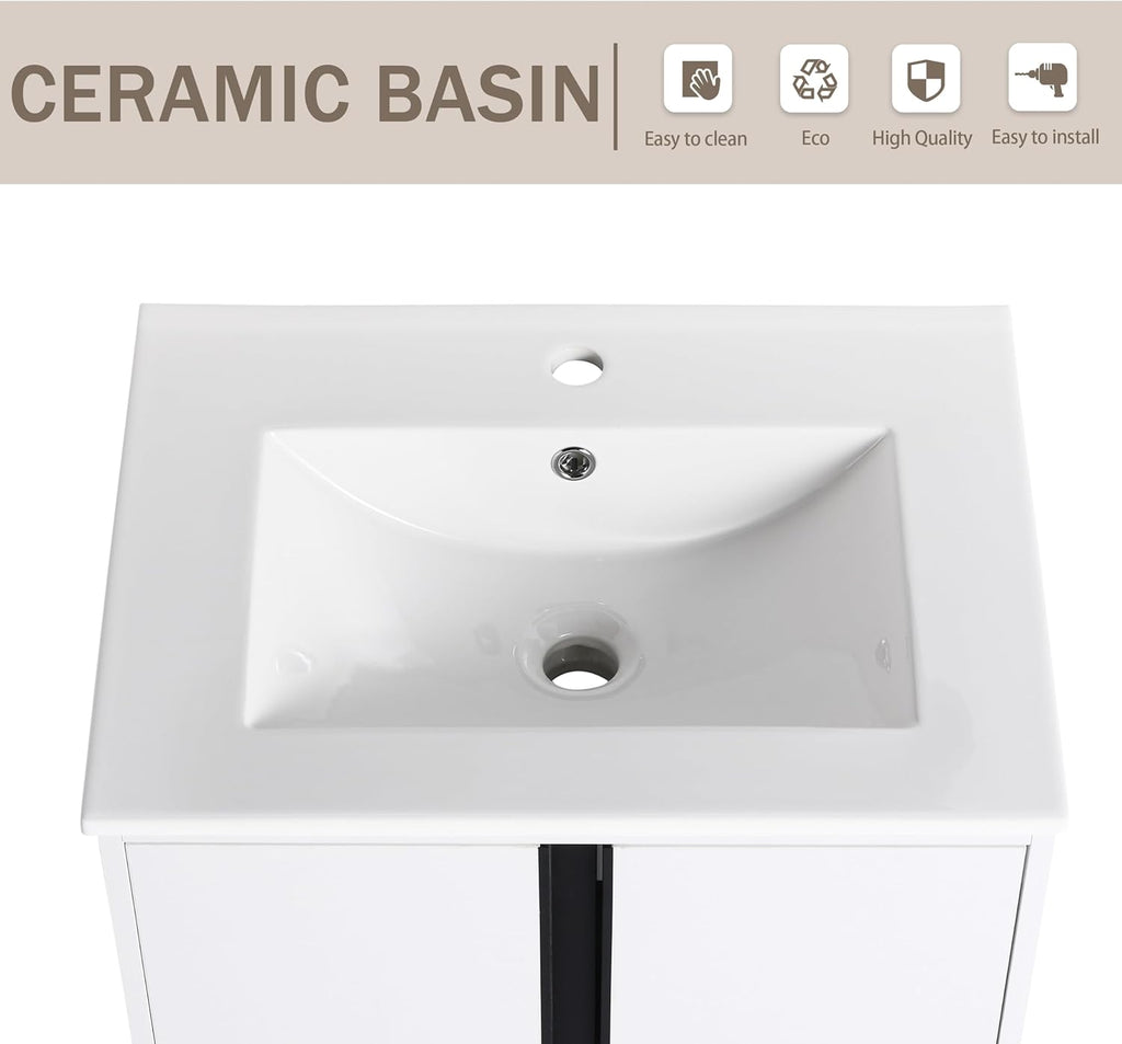 24" Bathroom Vanity with Ceramic Sink, Single Sink, 2 Doors, White W70363