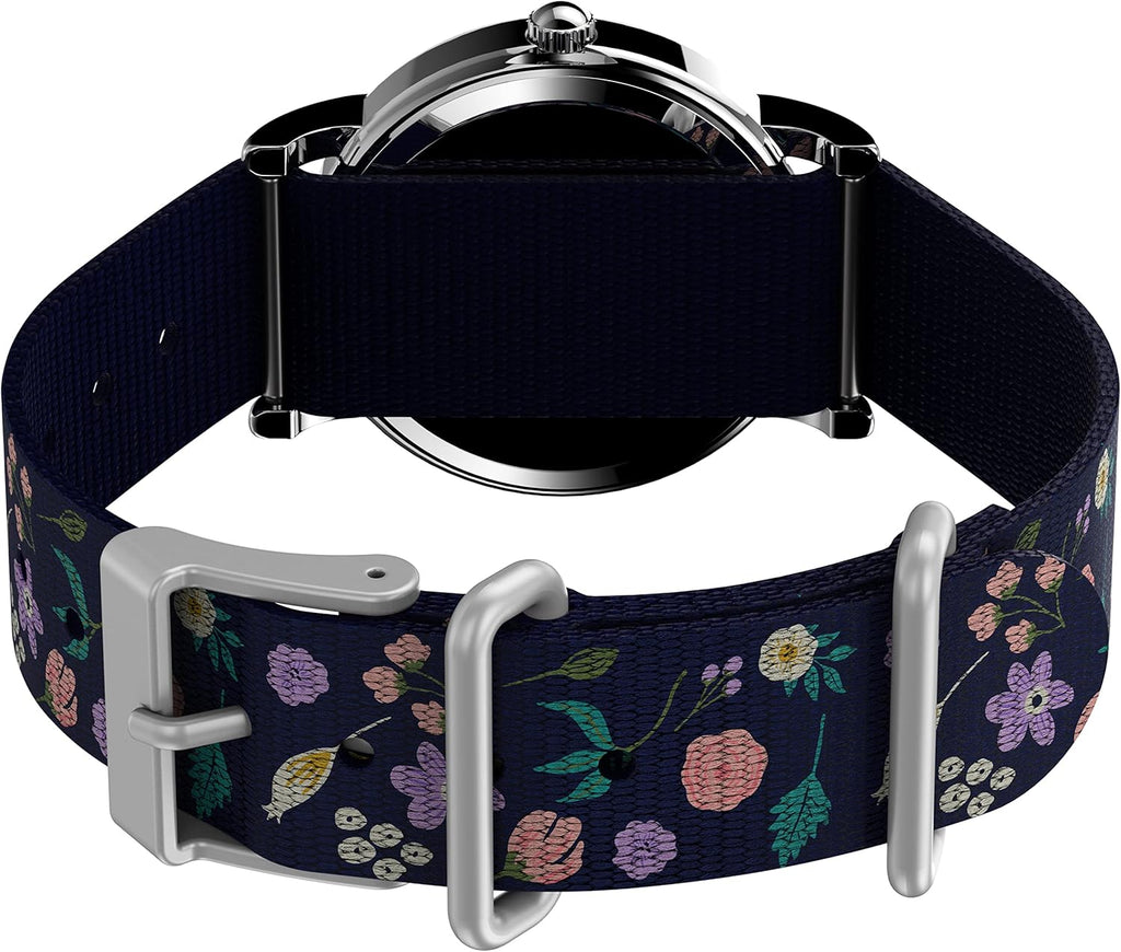 Womens Casual Wristwatch with Floral Motif, Silver-Tone Case and Blue Fabric Strap J100