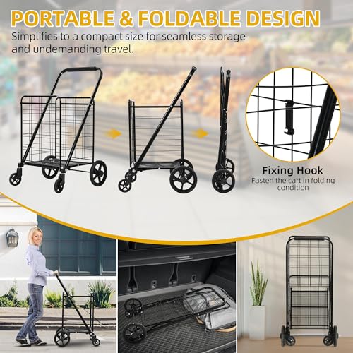 Folding Shopping Cart with Wheels, Portable Grocery Cart for Seniors T5804