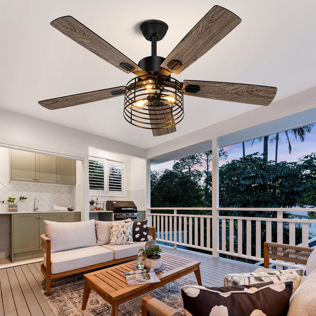 52 Inch Farmhouse Ceiling Fan with Light and Remote, Rustic Caged Design K281575