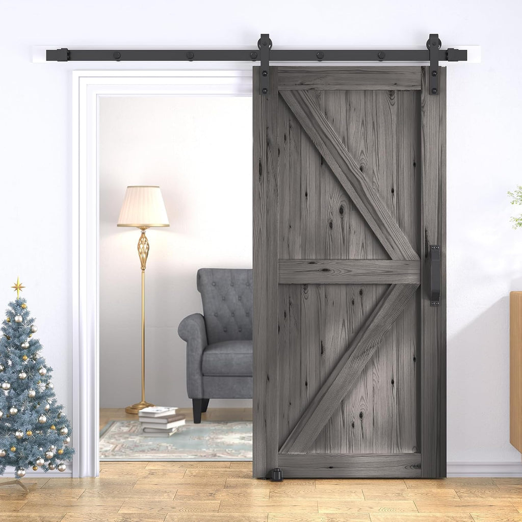 30In x 84In Sliding Barn Door with 5FT Barn Door Hardware Kit, Barn Doors and Hardware Included for Interior Rooms & Closets, A Simple Assembly is Required (K-Frame, Brown)