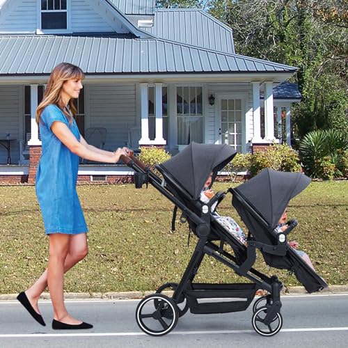 Double Stroller for Infant and Toddler, Foldable Pushchair with Reversible Backrest, Light Gray Q62723