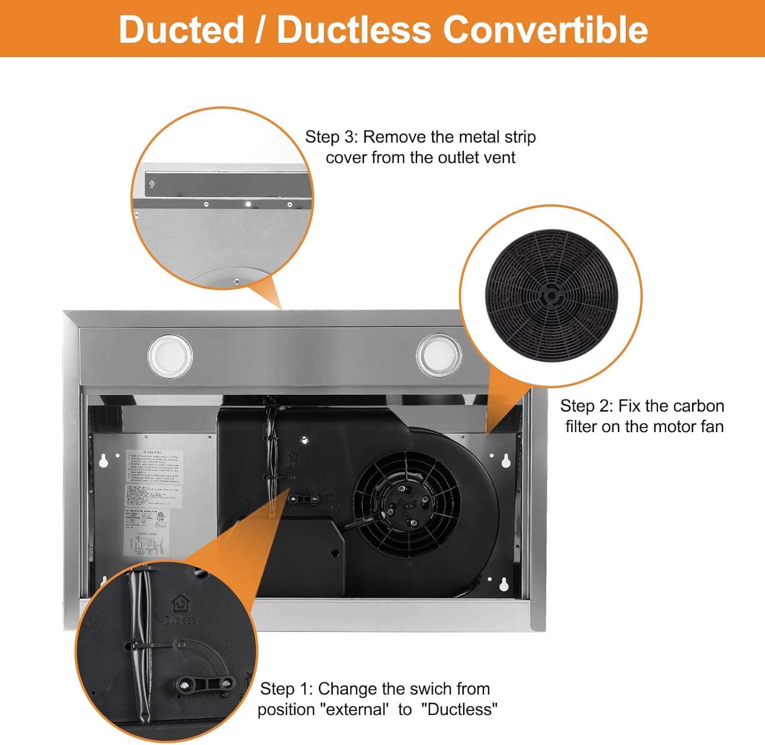 Under Cabinet Range Hood 30 Inch Stainless Steel, Ductless or Ducted, 600 CFM with LED Lights H814