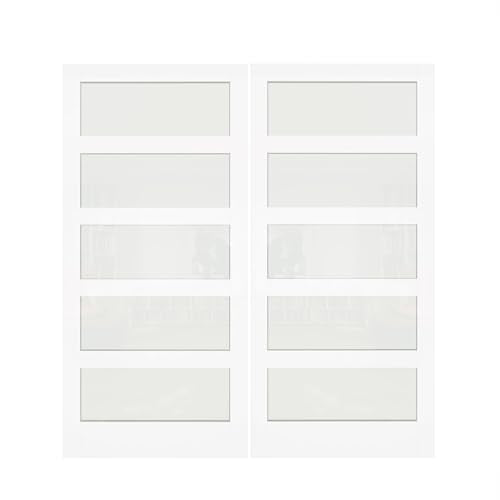 Double Sliding Pocket Door 60"（30" x2） x 80" - 5 Lites Tempered Frosted Glass Panels, Interior & Closet Single Door Slab, White Primed - Panel Assembly (Needed without Hardware Kit