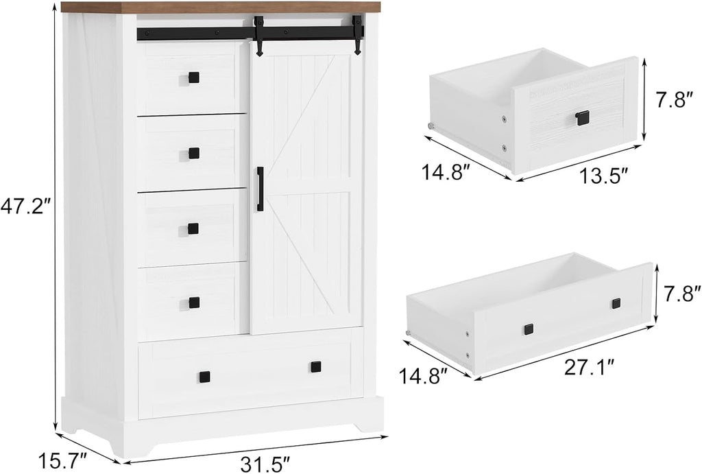 GAOMON Farmhouse 5 Drawers Dresser,47" Tall Chest of Drawers w/Sliding Barn Door, Rustic Wood Dressers Organizer w/Adjustable Shelves for Bedroom, Living Room, Hallway,Entryway,Kitchen