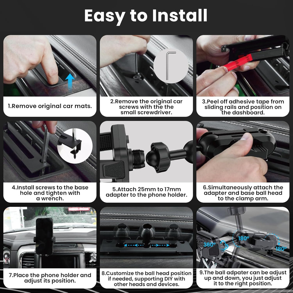 Metal Phone Mount for Ram Truck 2013-2018, Dash Holder with 360° Rotation Y61309