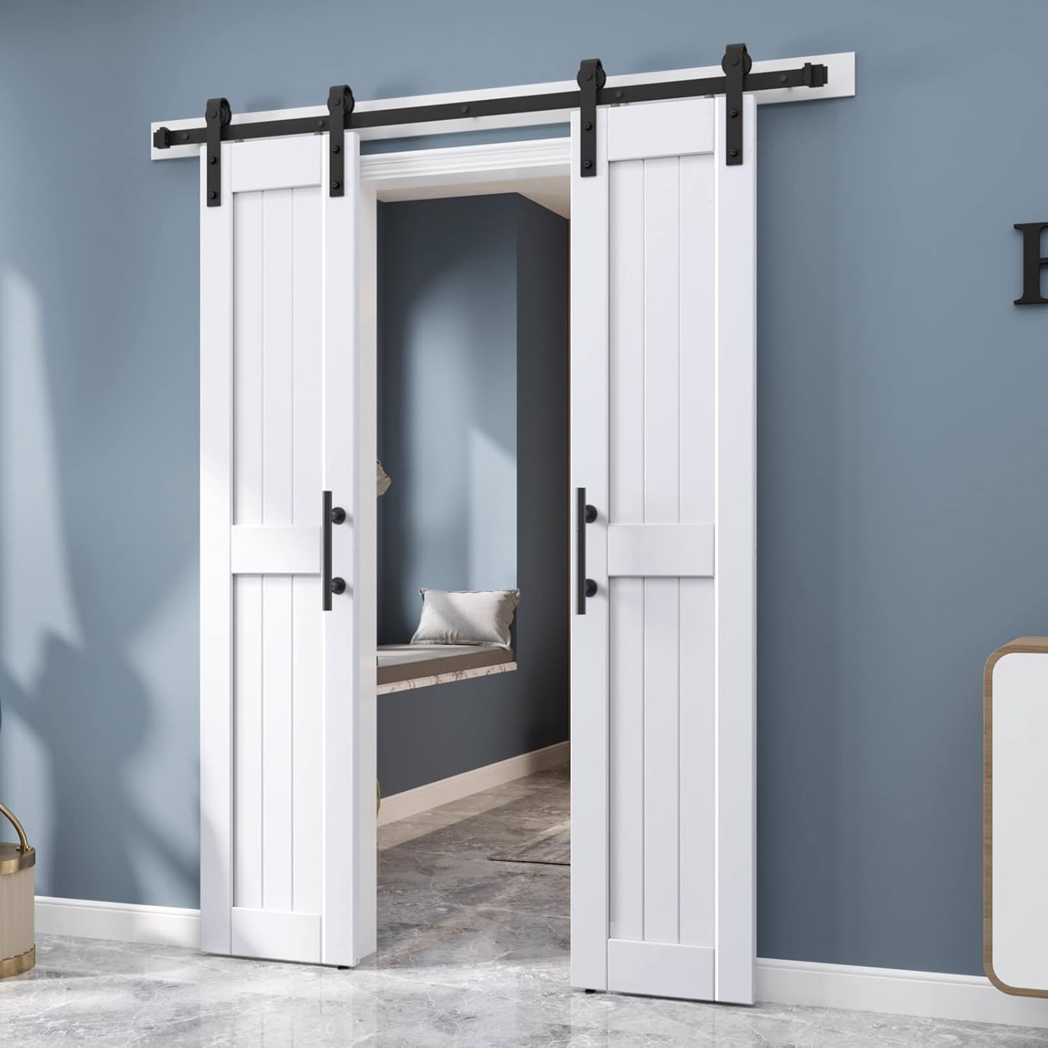 EaseLife 36in x 84in (Double 18in×84in Door) Barn Door with 6.6FT Sliding Door Hardware & Handle Included,DIY Assemblely,Easy Install,Water-Proof,Apply to Interior Exterior Rooms,H-Frame,White