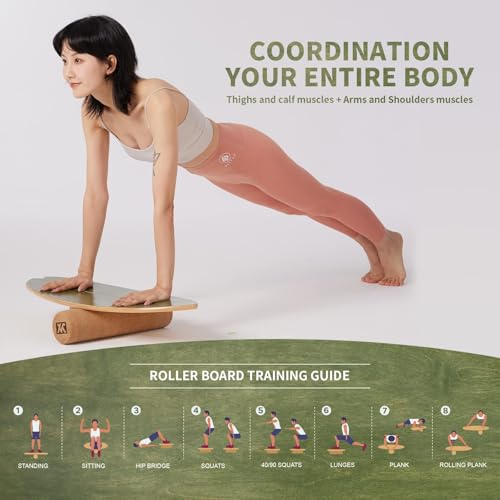 Surf Balance Board Trainer with Roller Wooden Exercise Balancing Stability Trainer I8359