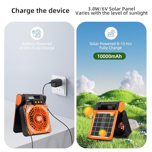 Solar Powered Camping Fan with LED Light, 4 Speeds, Rechargeable E6998