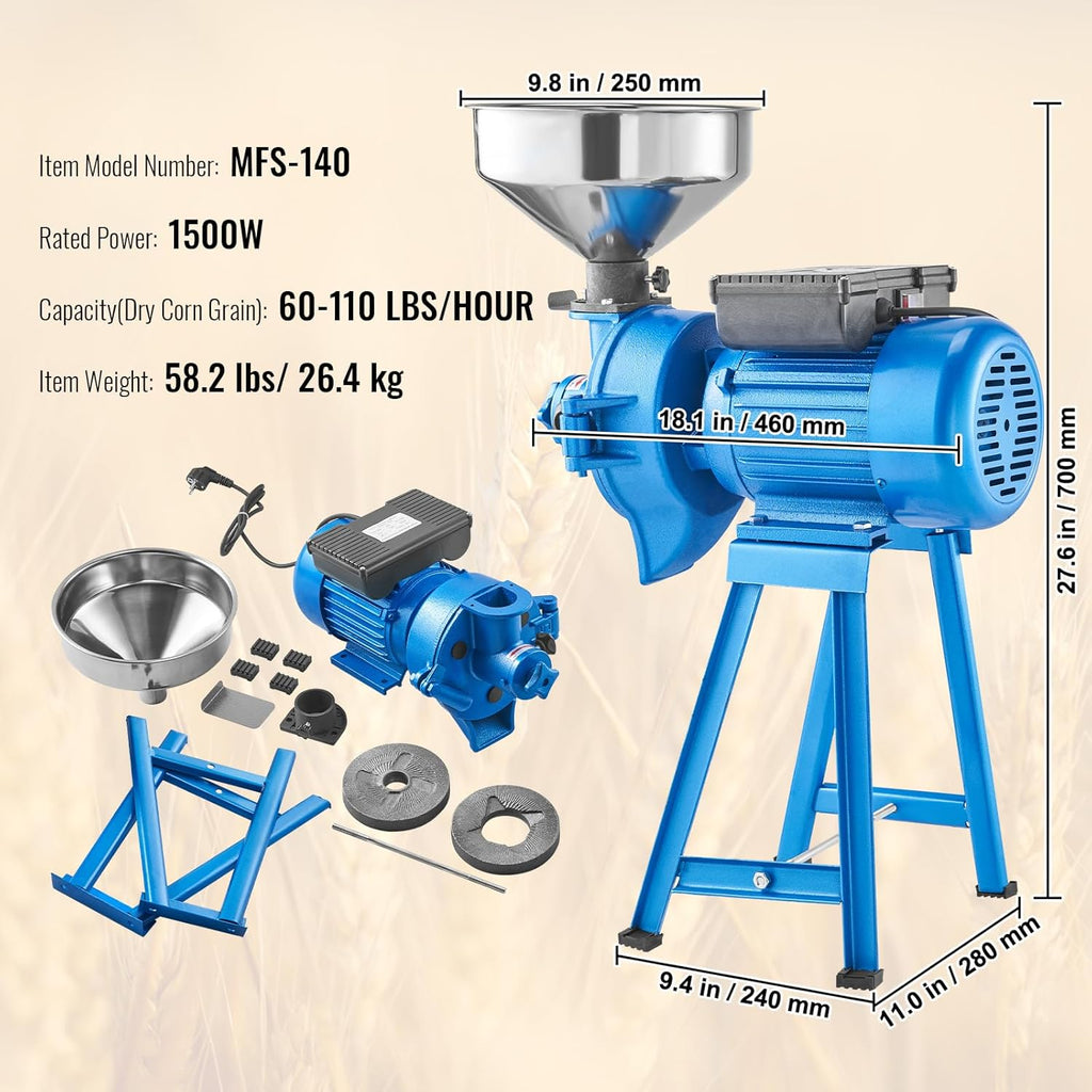 Electric Grain Mill Grinder, 1500W Dry & Wet Spice Grinder, Commercial Corn Mill with Funnel T7285