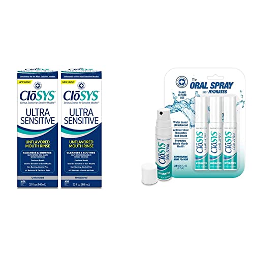 CloSYS Ultra Sensitive Mouthwash, 32 Ounce, Unflavored (Optional Flavor Dropper Included), Alcohol Free, Dye Free, pH Balanced, Helps Soothe Entire Mouth