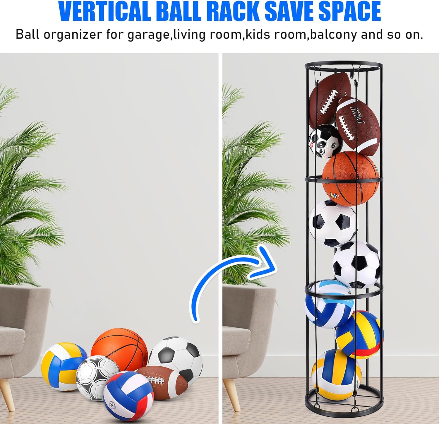 3 Layer Vertical Ball Storage Rack, Wall Mounted Ball Holder for Garage & Home O917870