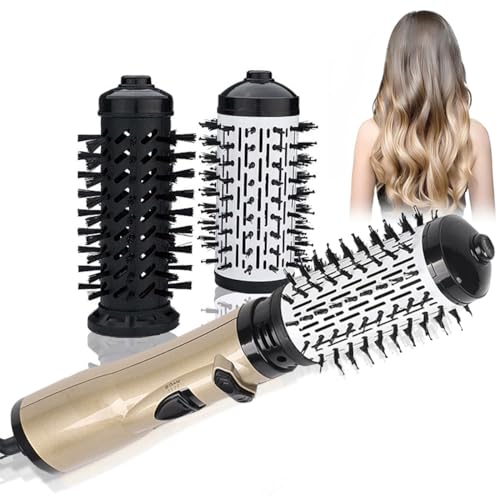 3-in-1 Hot Air Styler and Rotating Hair Dryer, Hair Dryer and Blow Dryer Brush in One, 2 Interchangeable Brushes for Dry and Wet Hair, Auto-Rotating Curling Hot Hair Brush (Gold)