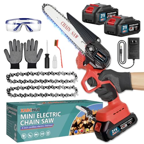 Mini Chainsaw 6 Inch Cordless with 2 2.0Ah Battery & Charger & 2 Chains, Mini Chain Saw Battery Powered, 21V Electric Power Chain Saws with Security Lock, Handheld Small Chainsaw for Wood/Tree Cutting